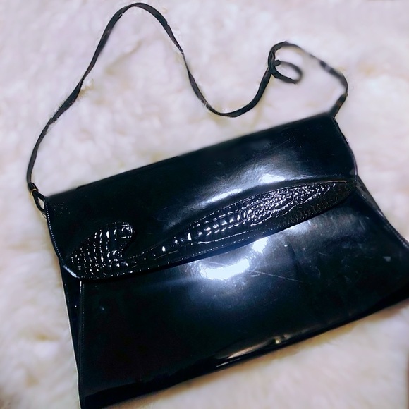 Vintage Handbags - 80s Almondo Originals Black Croc Patent Envelope Clutch Mob Wife Crossbody